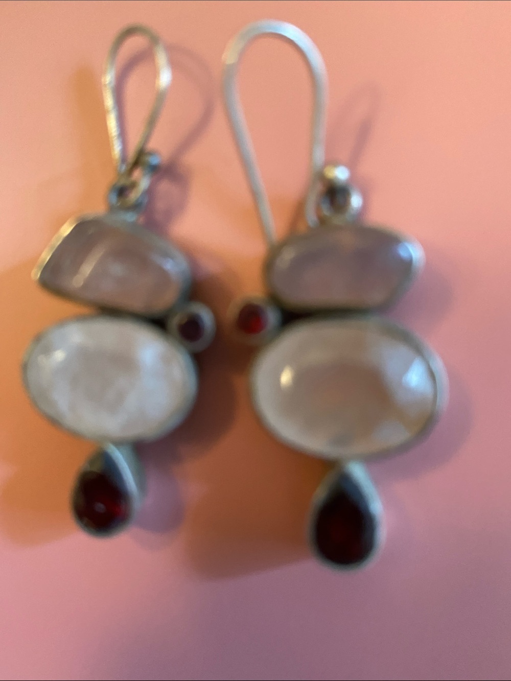 Sterling Silver Rose Quartz and Garnet Drop Earrings